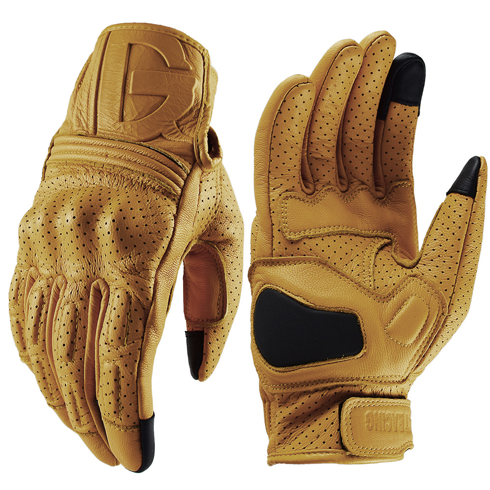 Yellow Cycling Gear - Luvas de Couro Vintage para Motocicleta